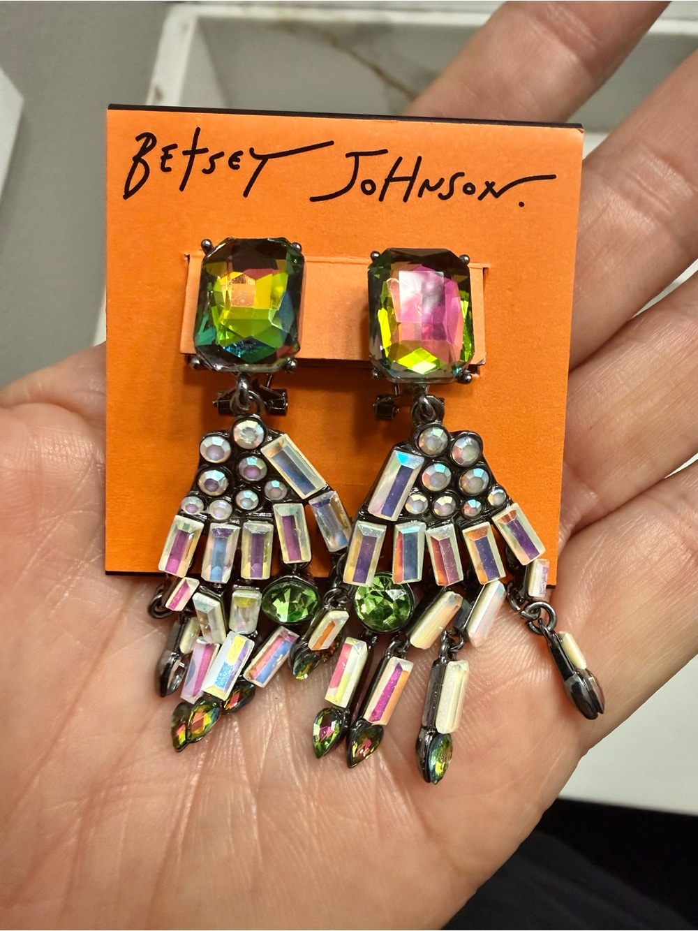 Betsey Johnson Iridescent Prism Dangle Earrings with Green Stones